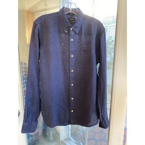 All Saints Navy Slate Blu 100% Linen Slim Fit Long Sleeve Button Down Shirt SZ S